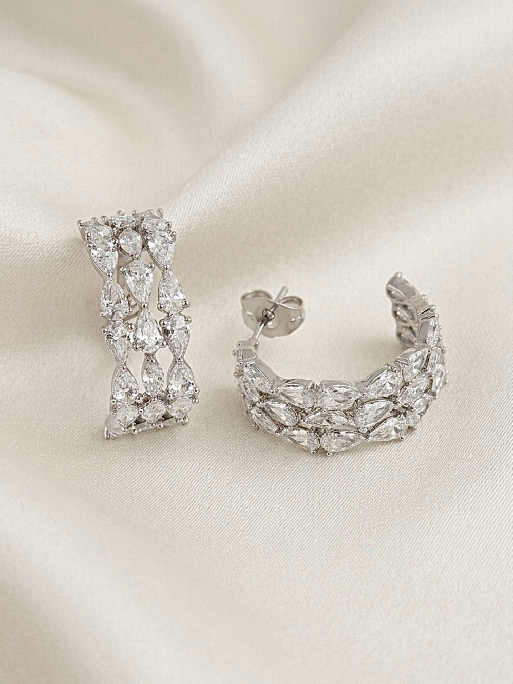 Platinum Plated Marquise Cut CZ Hoop Earrings | Sparkling Bridal Prom Jewelry